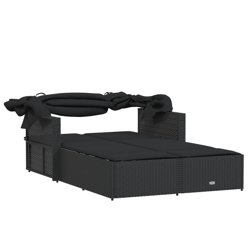vidaXL fekete polyrattan dupla napozóágy tetővel és párnával