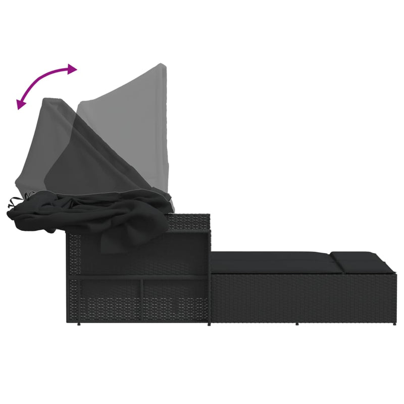 vidaXL fekete polyrattan dupla napozóágy tetővel és párnával