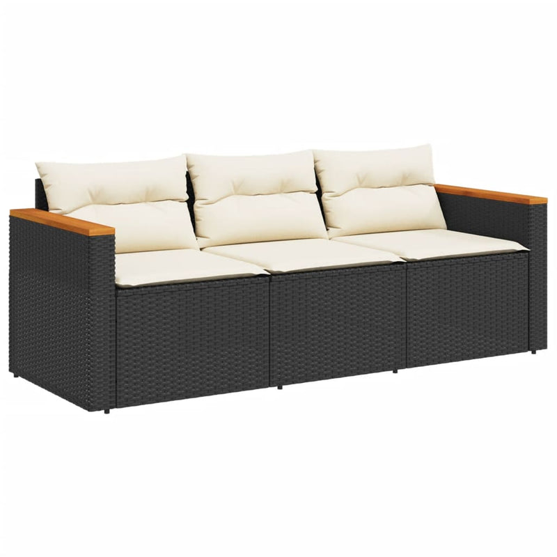 vidaXL fekete 3 személyes polyrattan kerti kanapé párnákkal