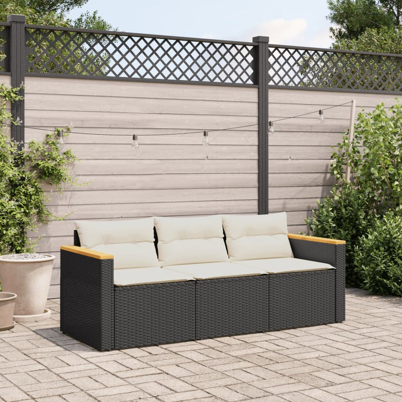 vidaXL fekete 3 személyes polyrattan kerti kanapé párnákkal