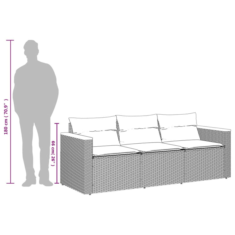 vidaXL fekete 3 személyes polyrattan kerti kanapé párnákkal