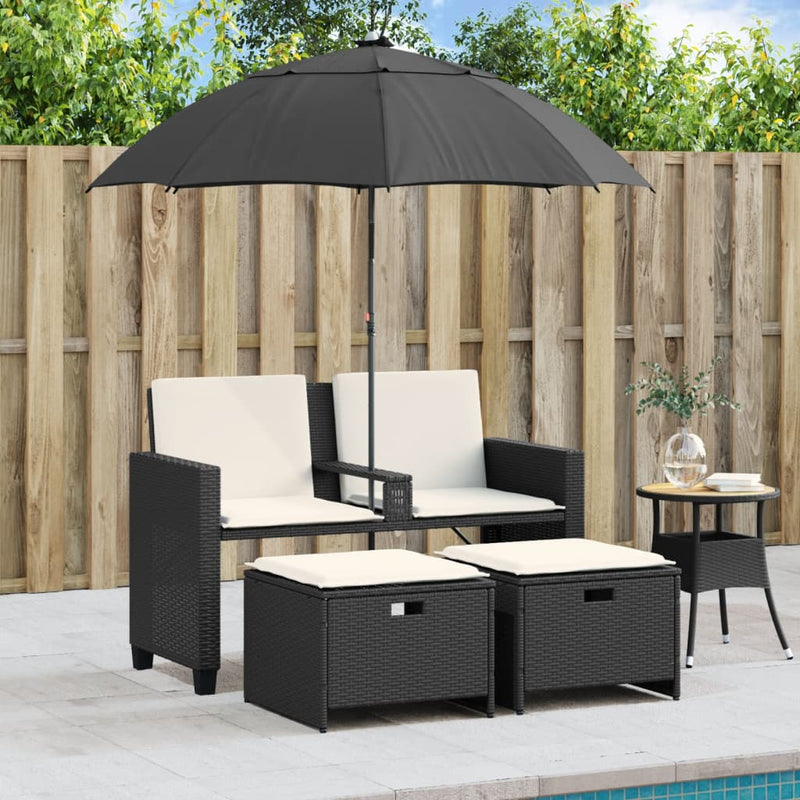vidaXL 2 személyes fekete polyrattan kerti kanapé napernyővel/székkel