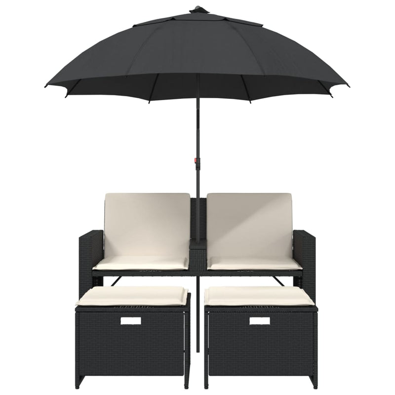 vidaXL 2 személyes fekete polyrattan kerti kanapé napernyővel/székkel