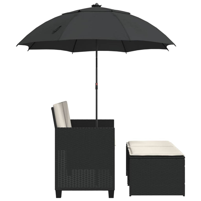 vidaXL 2 személyes fekete polyrattan kerti kanapé napernyővel/székkel