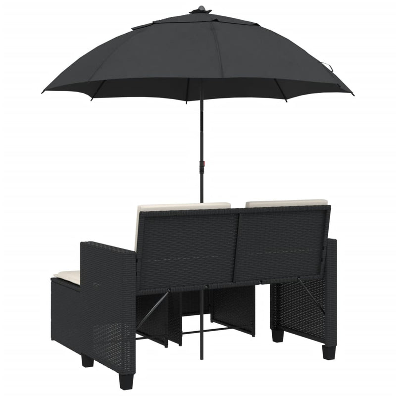 vidaXL 2 személyes fekete polyrattan kerti kanapé napernyővel/székkel