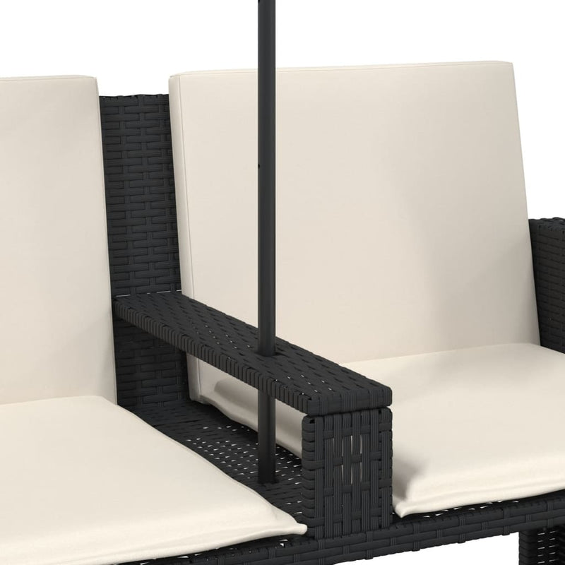 vidaXL 2 személyes fekete polyrattan kerti kanapé napernyővel/székkel