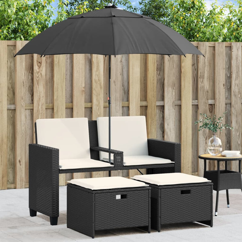 vidaXL 2 személyes fekete polyrattan kerti kanapé napernyővel/székkel