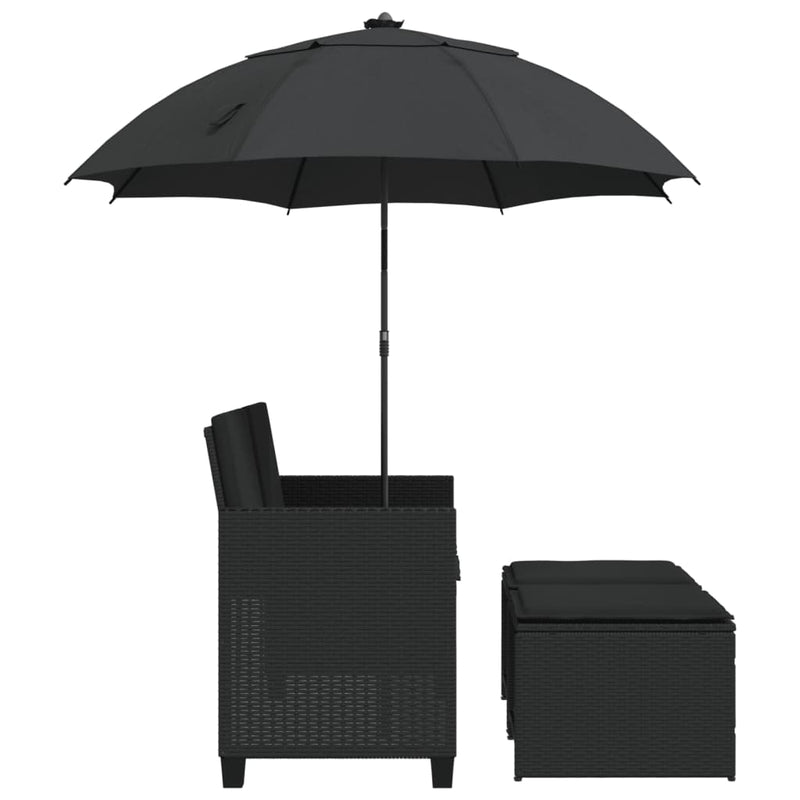vidaXL 2 személyes fekete polyrattan kerti kanapé napernyővel/székkel
