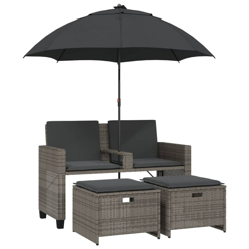 vidaXL 2 személyes szürke polyrattan kerti kanapé napernyővel/székkel