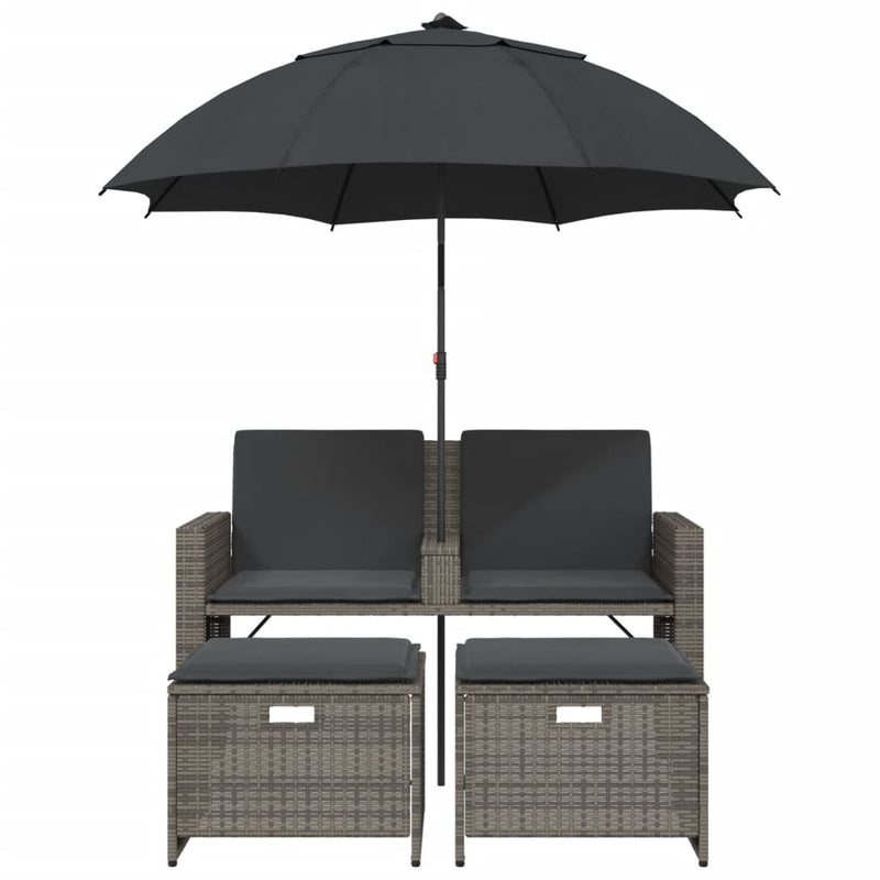 vidaXL 2 személyes szürke polyrattan kerti kanapé napernyővel/székkel
