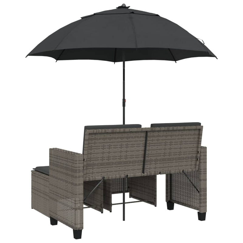 vidaXL 2 személyes szürke polyrattan kerti kanapé napernyővel/székkel