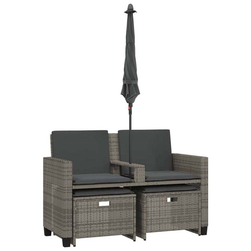 vidaXL 2 személyes szürke polyrattan kerti kanapé napernyővel/székkel