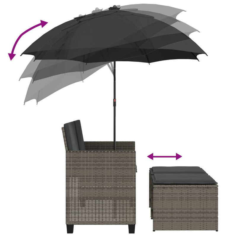 vidaXL 2 személyes szürke polyrattan kerti kanapé napernyővel/székkel
