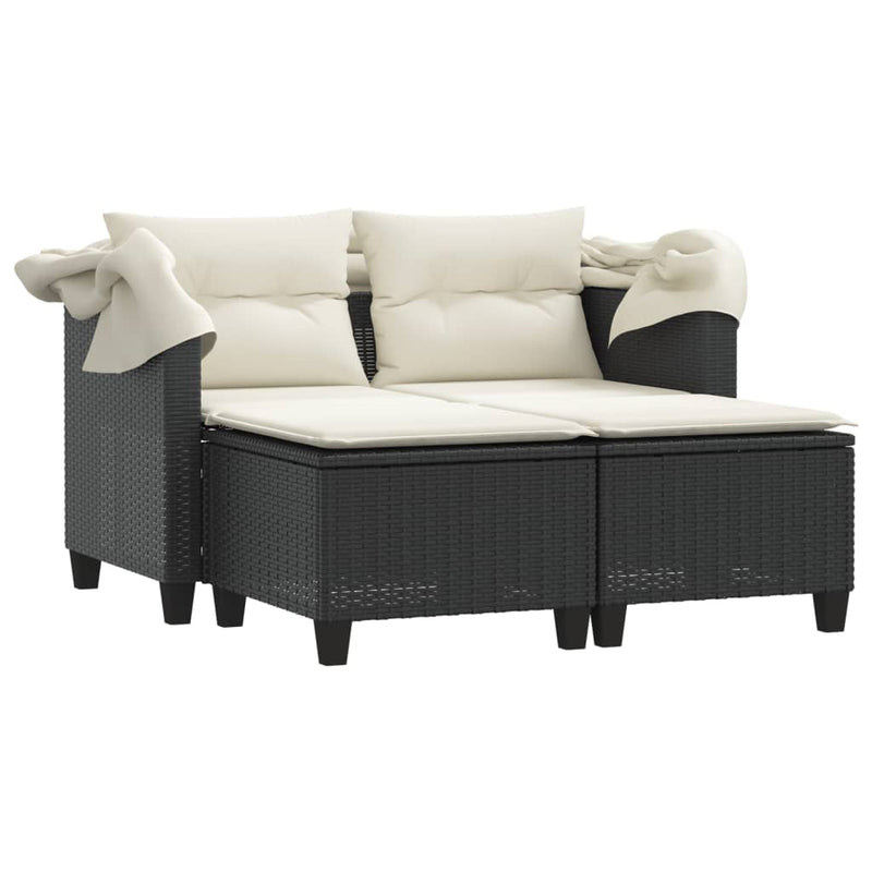vidaXL 2 személyes fekete polyrattan kerti kanapé baldachinnal/székkel