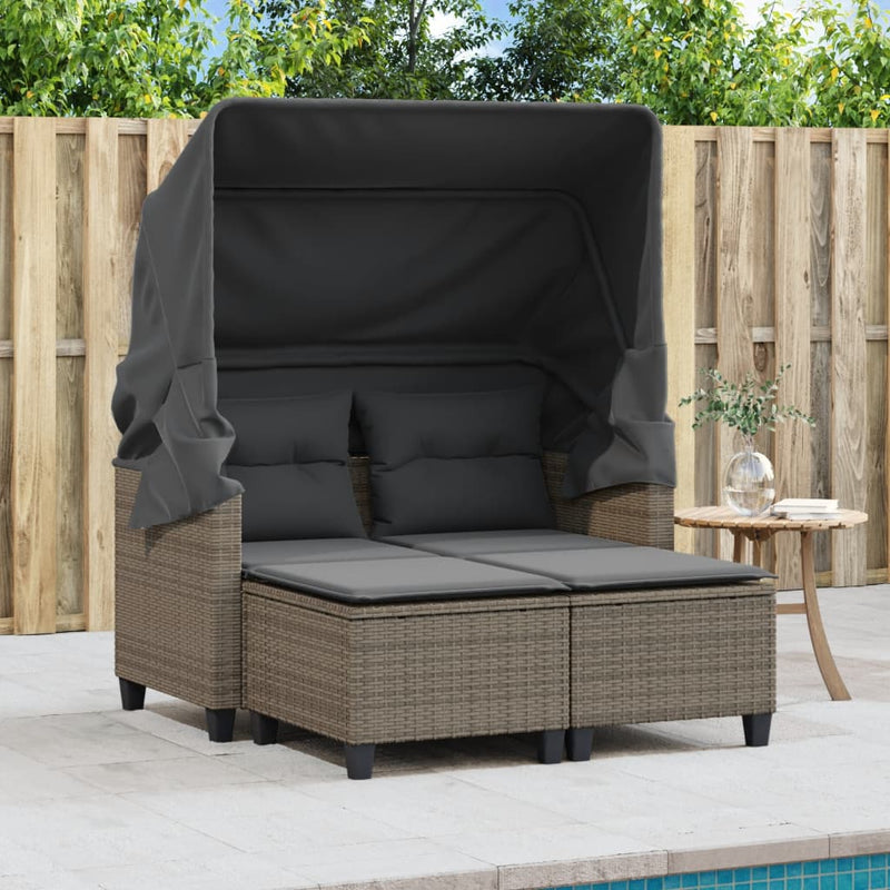 vidaXL 2 személyes szürke polyrattan kerti kanapé baldachinnal/székkel