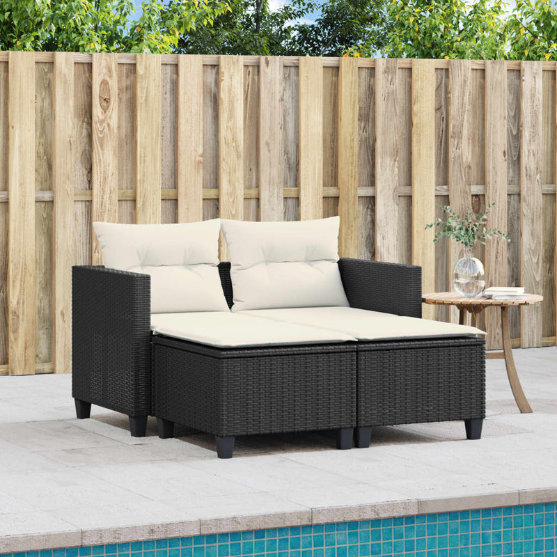 vidaXL 2 személyes fekete polyrattan kerti kanapé zsámollyal