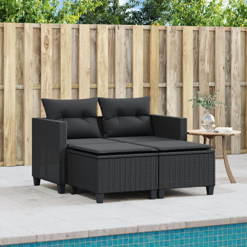 vidaXL 2 személyes fekete polyrattan kerti kanapé zsámollyal