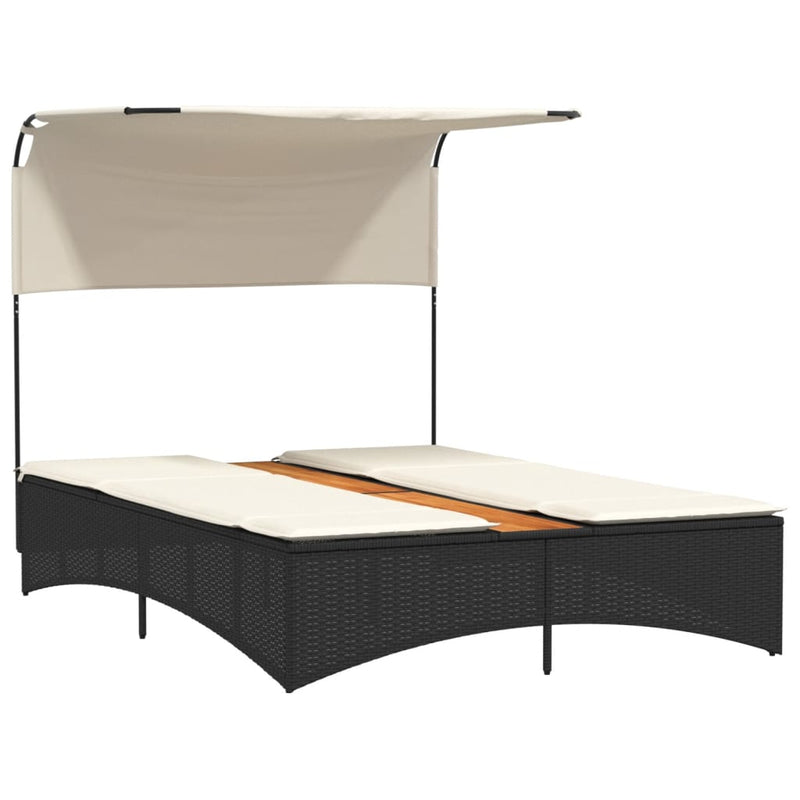 vidaXL fekete polyrattan dupla napozóágy tetővel és párnával