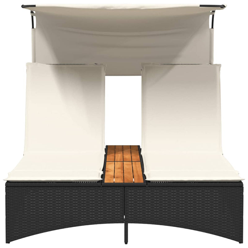 vidaXL fekete polyrattan dupla napozóágy tetővel és párnával