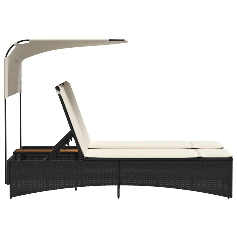 vidaXL fekete polyrattan dupla napozóágy tetővel és párnával