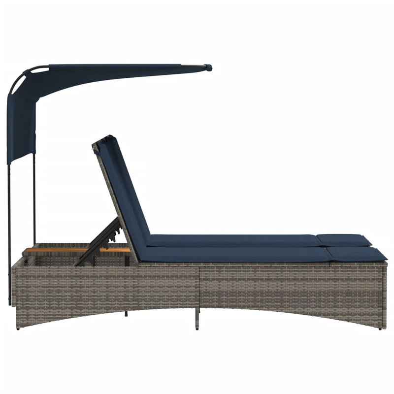vidaXL szürke polyrattan kétszemélyes napozóágy napellenzővel és párnákkal