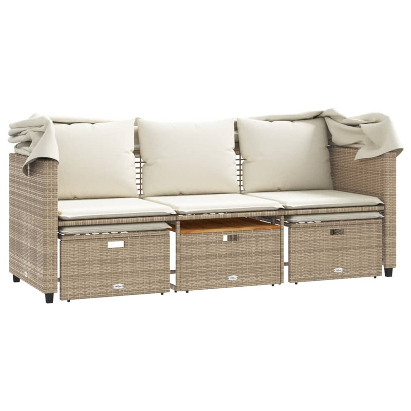 vidaXL 3 személyes bézs polyrattan kerti kanapé baldachinnal/székkel