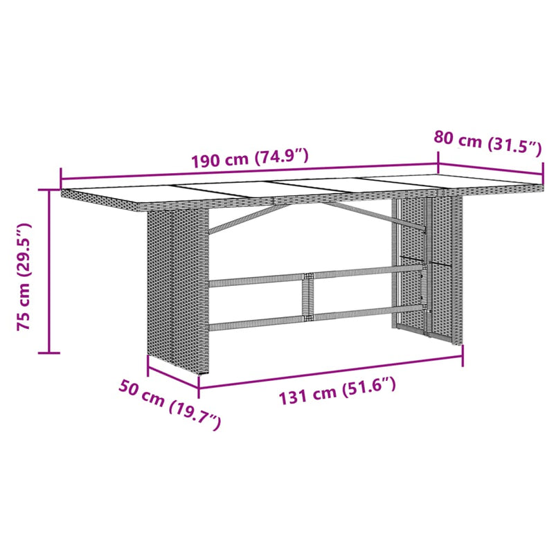 vidaXL barna polyrattan üveglapos kerti asztal 190x80x75 cm