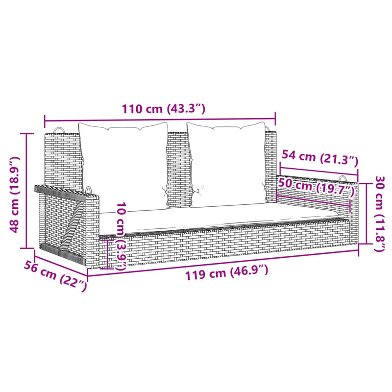 vidaXL barna polyrattan hintapad párnával 119 x 56 x 48 cm