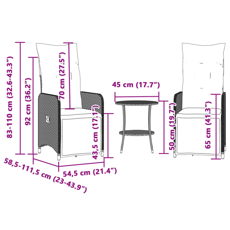 vidaXL 2 db szürke polyrattan dönthető kerti szék asztallal