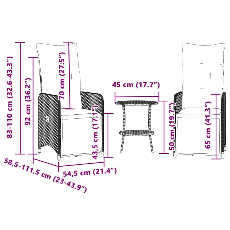vidaXL 2 db szürke polyrattan dönthető kerti szék asztallal