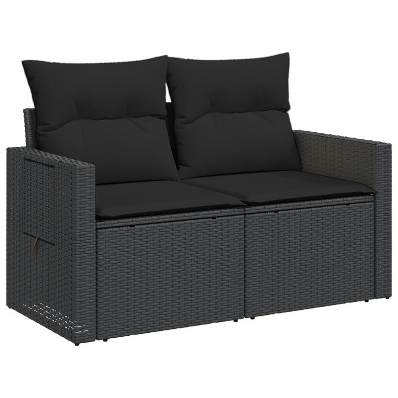 vidaXL 2 személyes fekete polyrattan kerti kanapé párnával