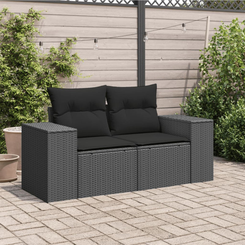 vidaXL 2 személyes fekete polyrattan kerti kanapé párnával