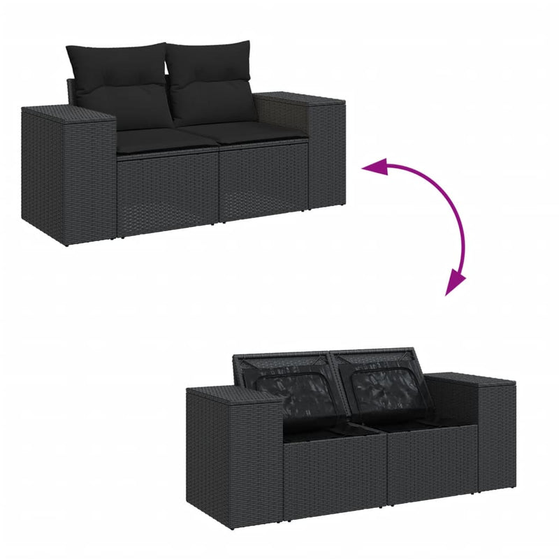 vidaXL 2 személyes fekete polyrattan kerti kanapé párnával