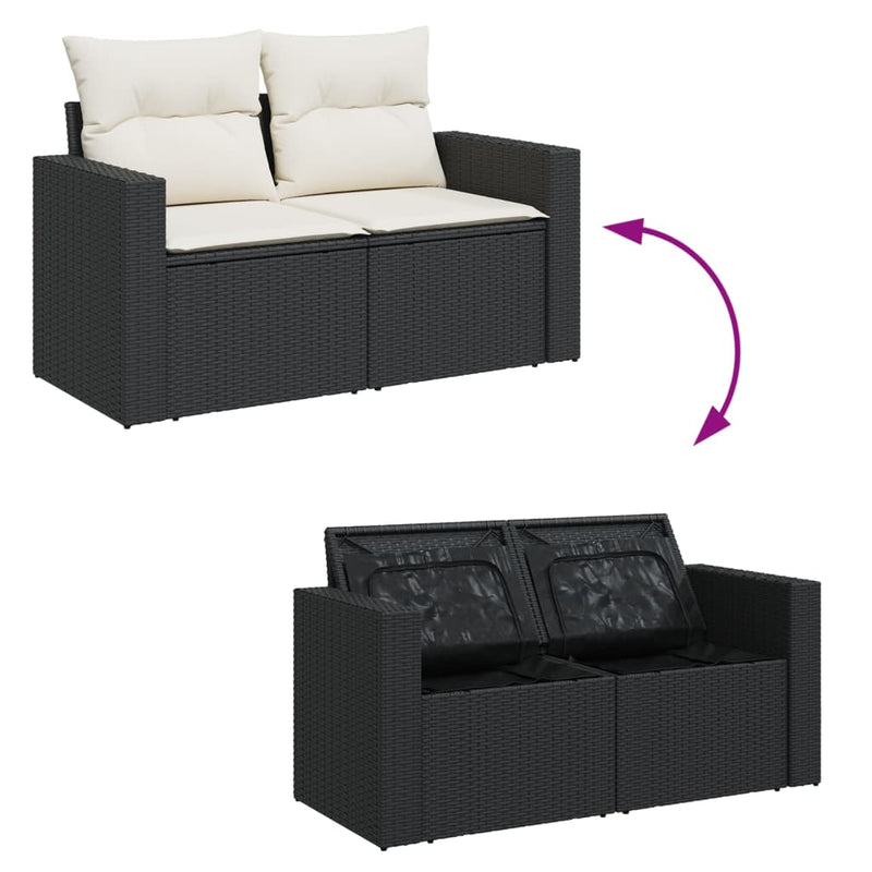 vidaXL 2 személyes fekete polyrattan kerti kanapé párnával