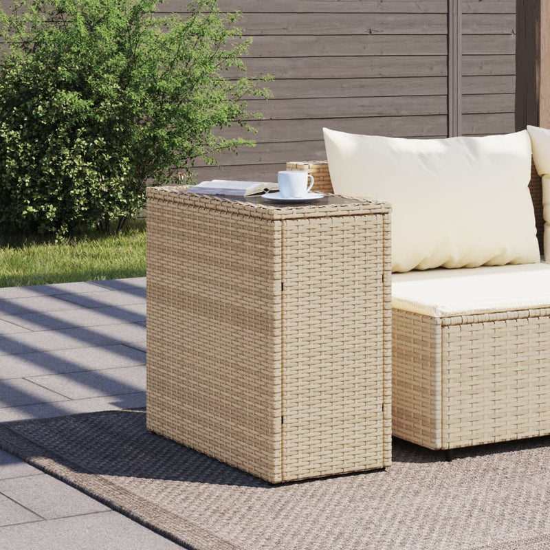 vidaXL bézs polyrattan kerti kisasztal üveg asztallappal 58x27,5x55 cm