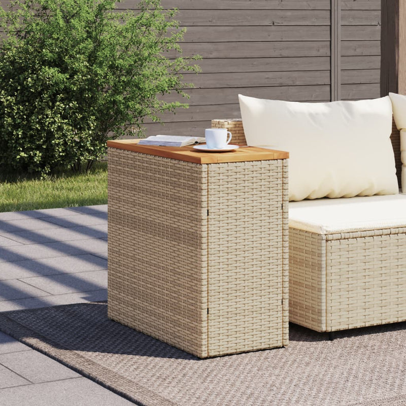 vidaXL bézs polyrattan kerti kisasztal fa asztallappal 58x27,5x55 cm