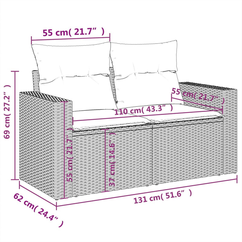 vidaXL 2 személyes szürke polyrattan kerti kanapé párnával