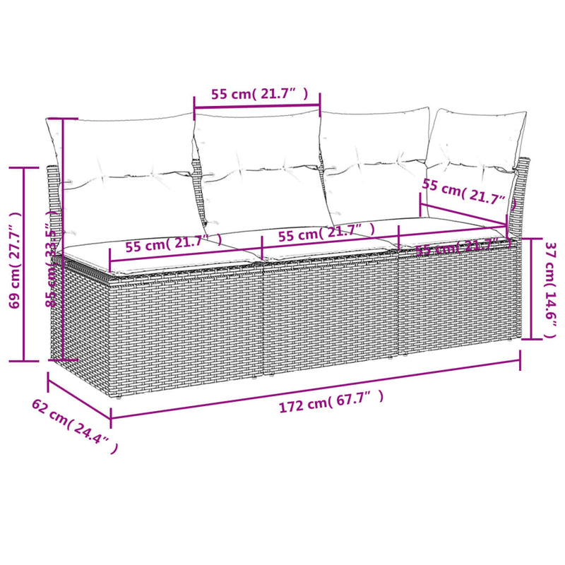 vidaXL 3 személyes barna polyrattan kerti kanapé párnával