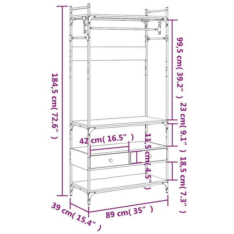 vidaXL füstös tölgy szerelt fa ruhásszekrény fiókokkal 89x39x184,5 cm