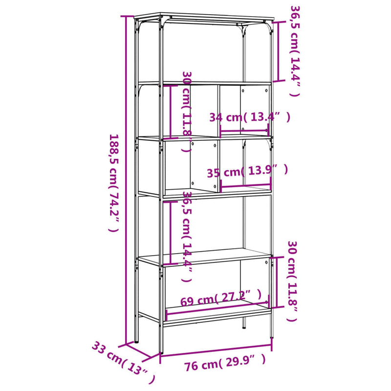 vidaXL 5 szintes fekete szerelt fa könyvespolc 76 x 33 x 188,5 cm