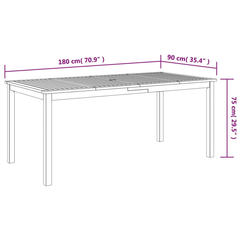 vidaXL tömör akácfa kerti étkezőasztal 180 x 90 x 75 cm