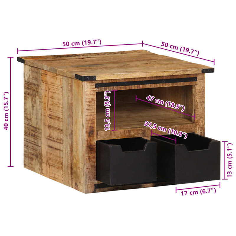 vidaXL tömör mangófa dohányzóasztal fiókokkal 50 x 50 x 40 cm