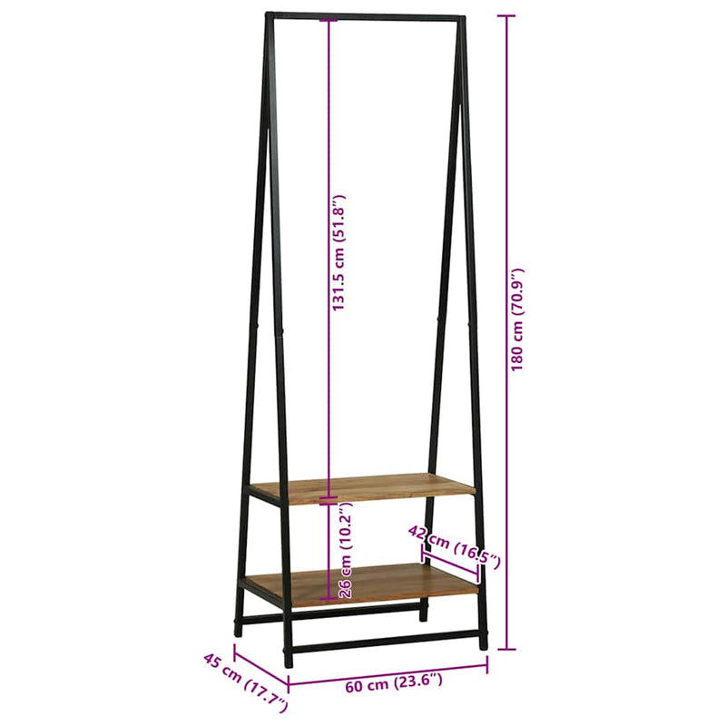 vidaXL Ruhafogó polcokkal Fekete 60 x 45 x 180 cm Tömör akácfa
