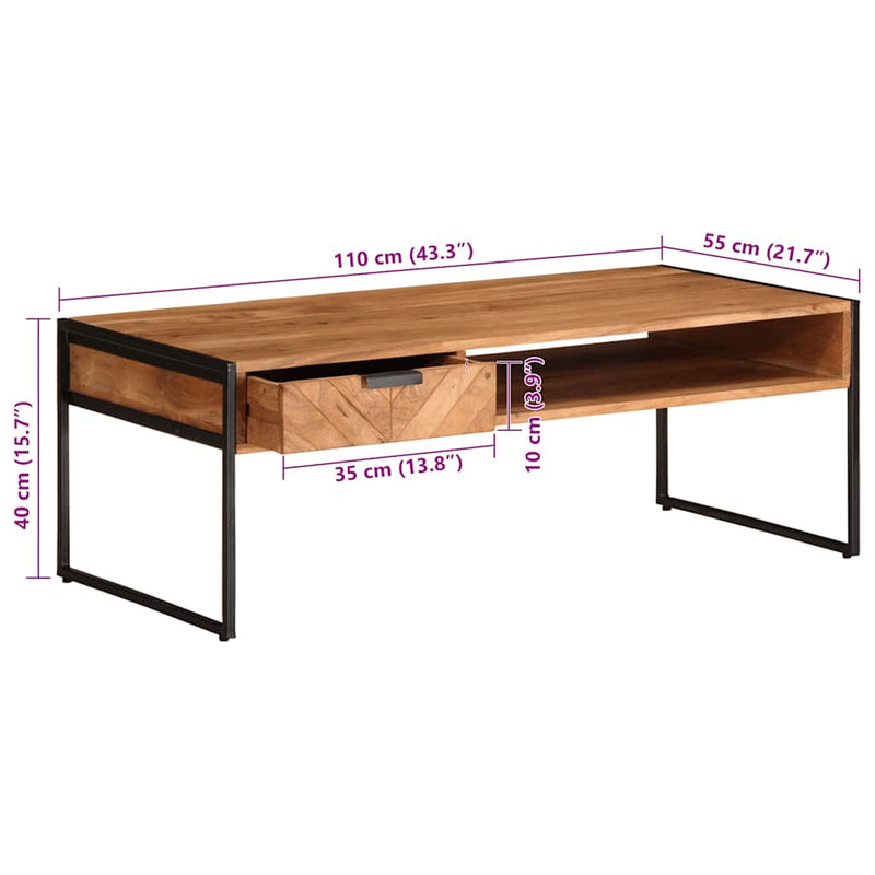 vidaXL tömör akácfa dohányzóasztal 110 x 55 x 40 cm