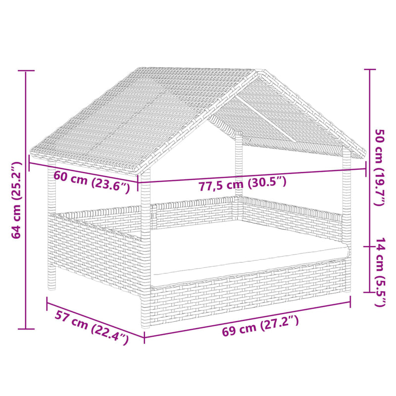 vidaXL polyrattan kutyaház párnával