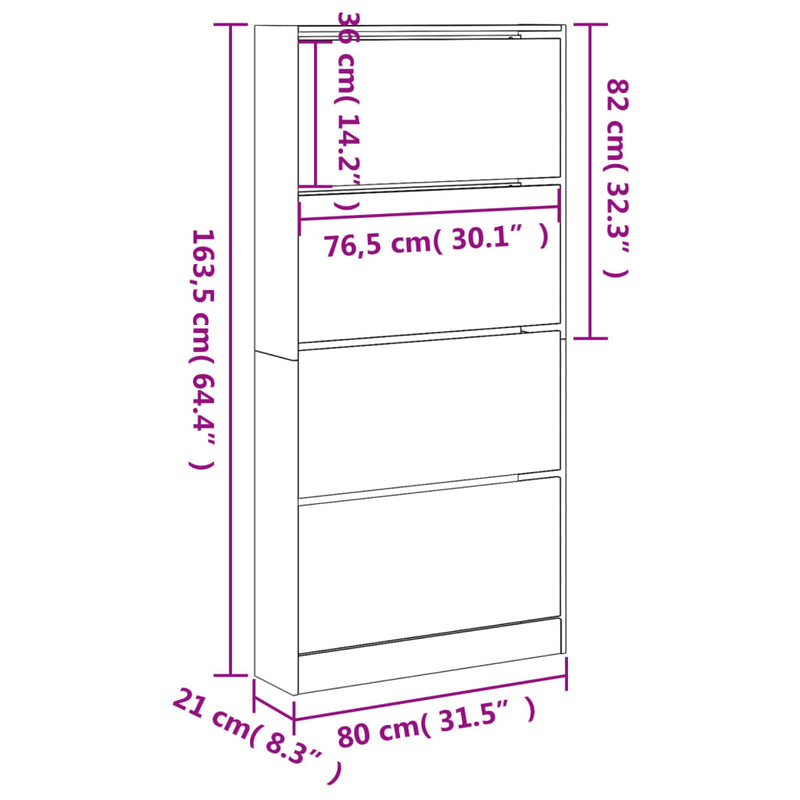 vidaXL fekete cipőszekrény 4 kihajtható fiókkal 80 x 21 x 163,5 cm