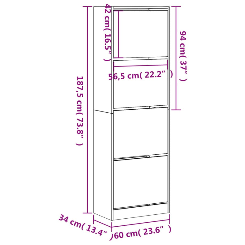 vidaXL fehér cipőszekrény 4 kihajtható fiókkal 60 x 34 x 187,5 cm