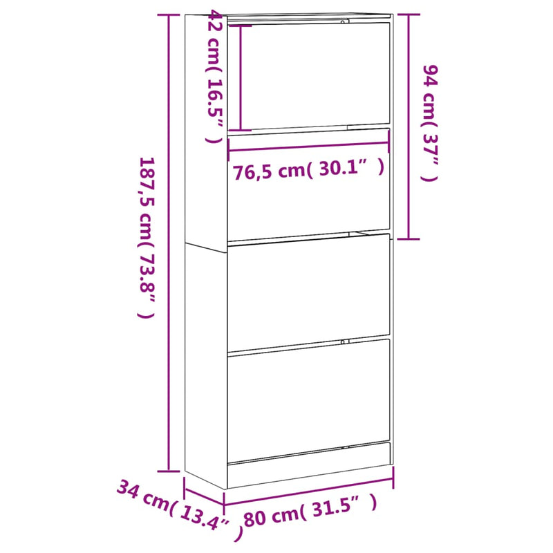 vidaXL fekete cipőszekrény 4 kihajtható fiókkal 80 x 34 x 187,5 cm