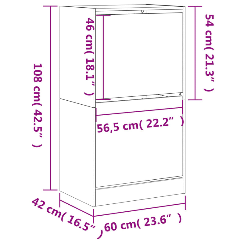 vidaXL fekete cipőszekrény 2 kihajtható fiókkal 60 x 42 x 108 cm