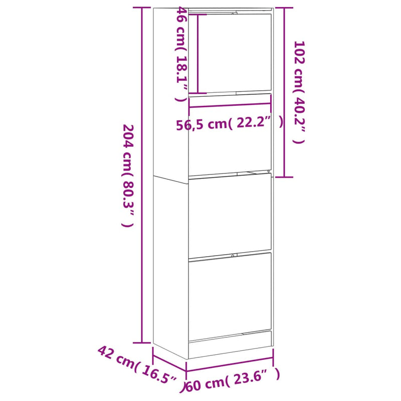 vidaXL sonoma tölgyszínű cipőszekrény 4 kihajtható fiókkal 60x42x204cm